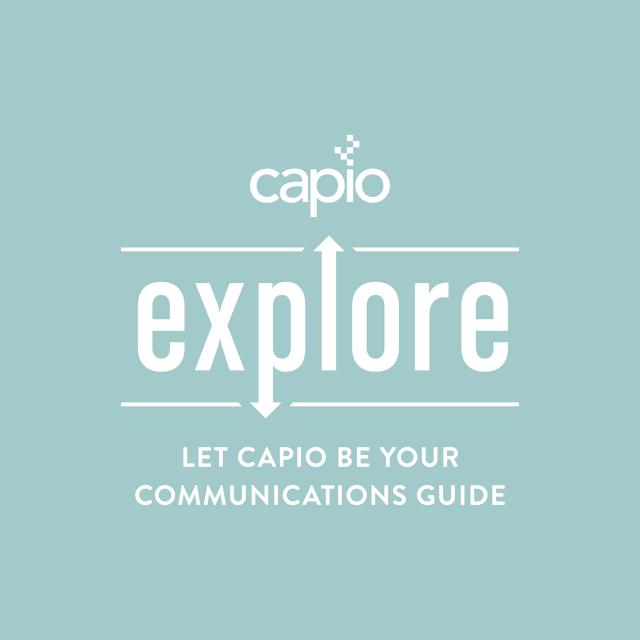 Logo for CAPIO 2018 conference. Tagline: Explore. Let CAPIO be your communications guide